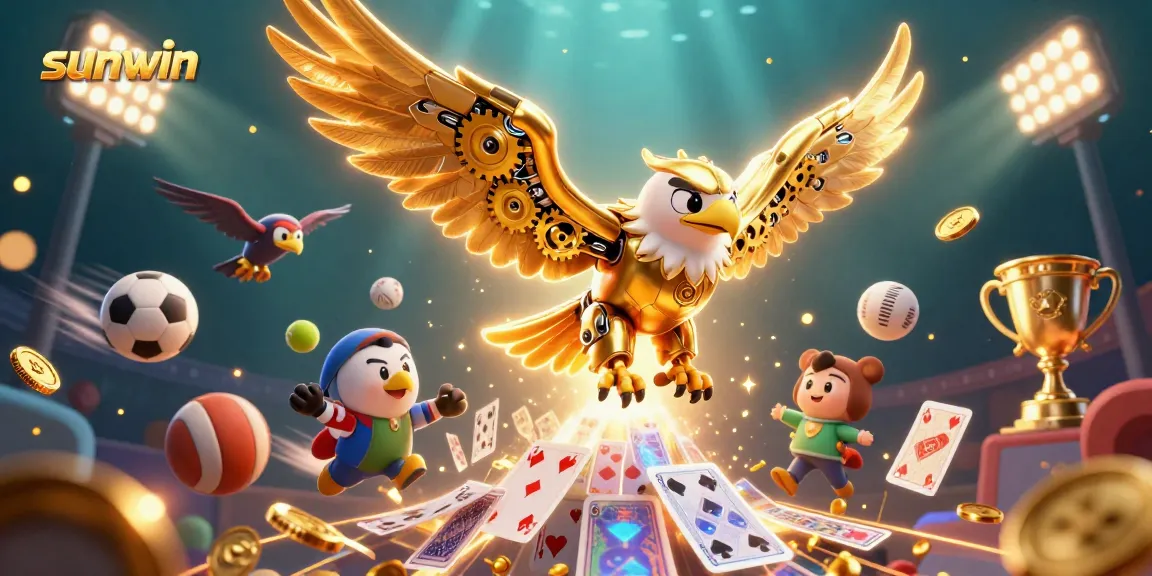 Engage with sunwin's thrilling games illustrated by a cybernetic eagle diving through holographic cards.
