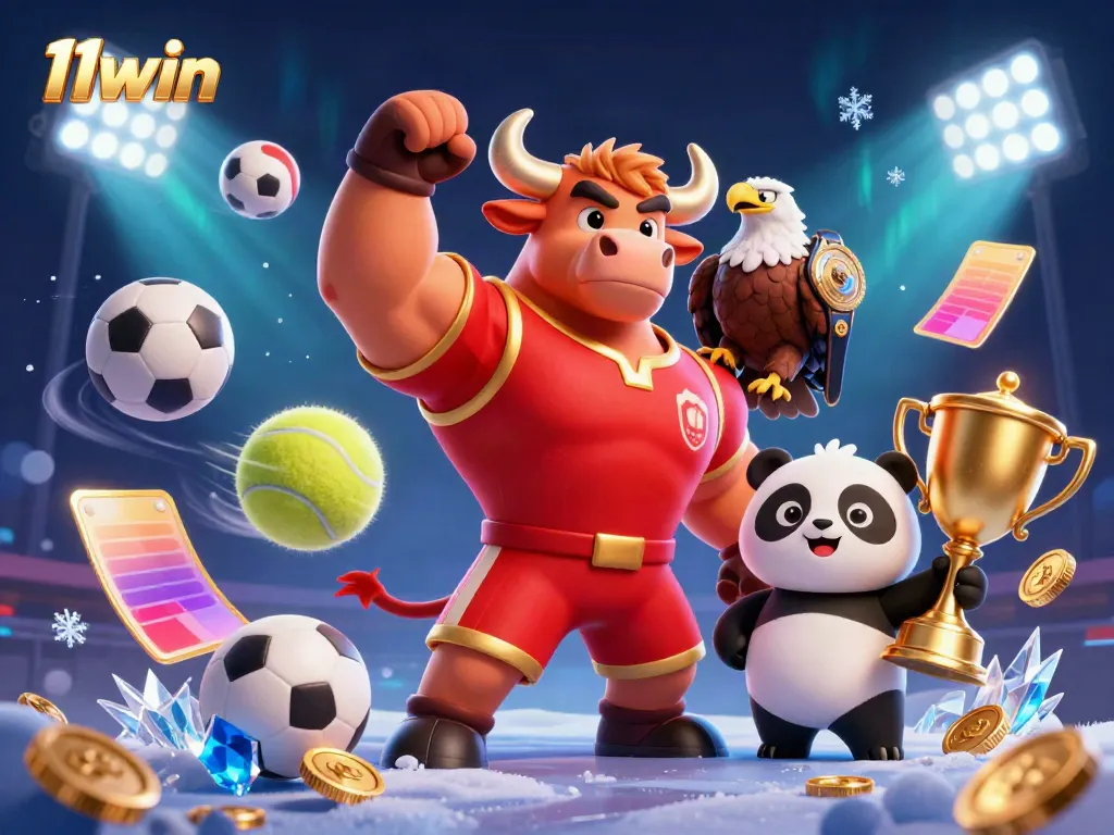 Experience the thrill of 11win with a victory celebration featuring mascots, sports elements, and gold trophies.
