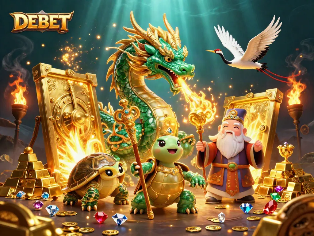 Engage with DEBET's vibrant gaming universe featuring a dragon, turtle sage, and flying cranes.