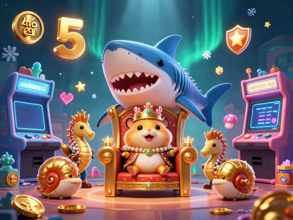 Engage in thrilling moments with keo nha cai 5, featuring a golden hamster king and seahorse guards in a vibrant arcade casino.