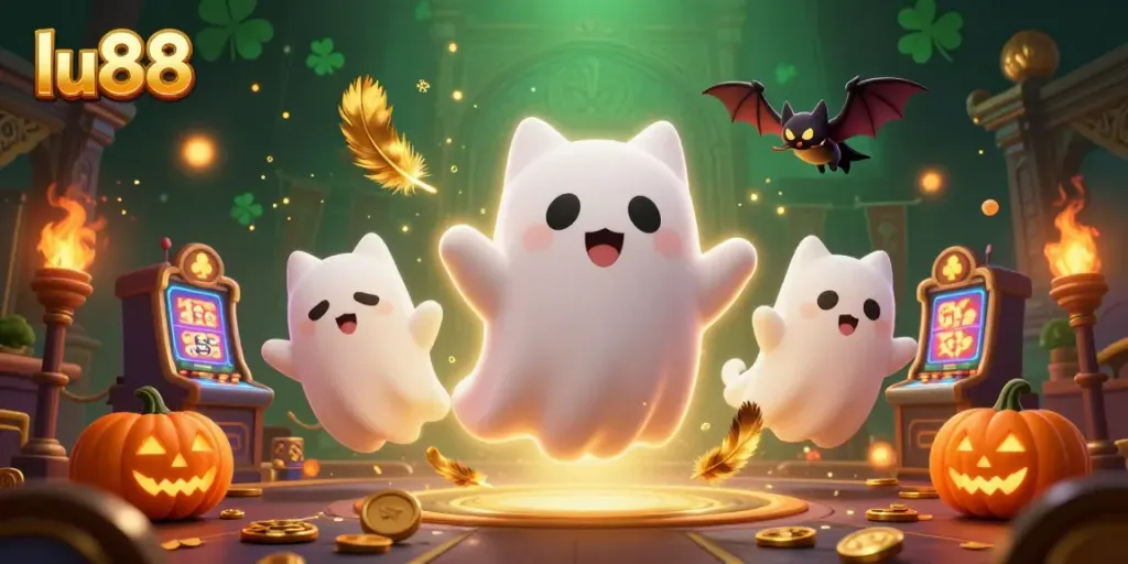 Spin and win with LU88 in this vibrant casino scene featuring ghostly fun and engaging game elements.
