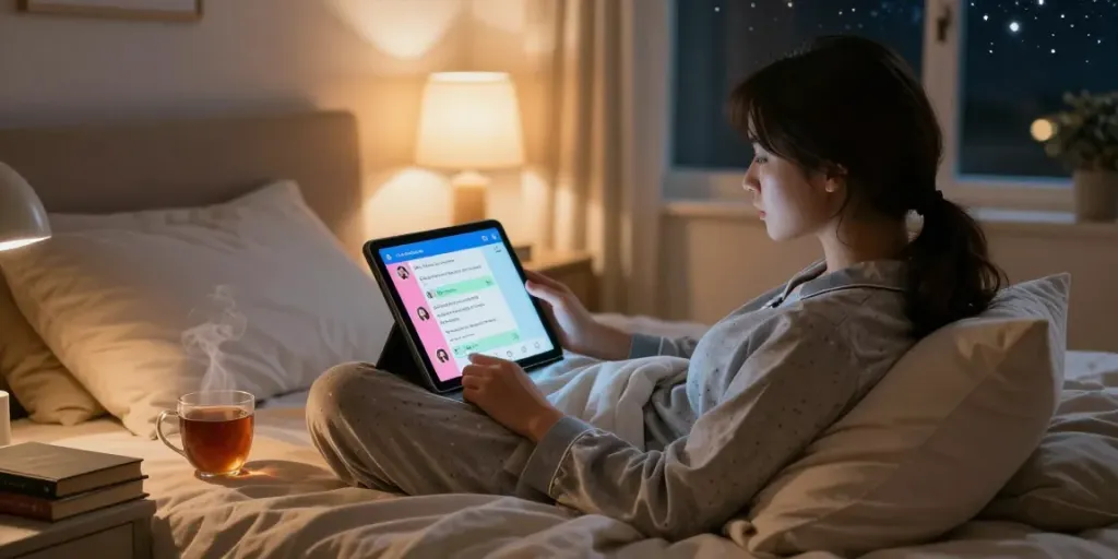 Engaging in horny AI chat on a tablet in a cozy bedroom atmosphere.