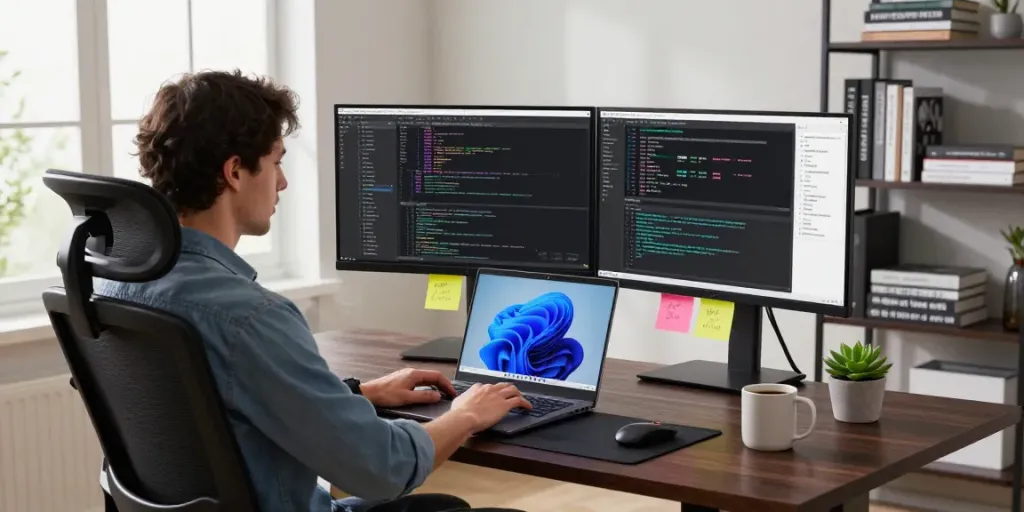 Windows 11 Pro im modernen Home-Office mit Laptop und dualen Monitoren für Produktivität