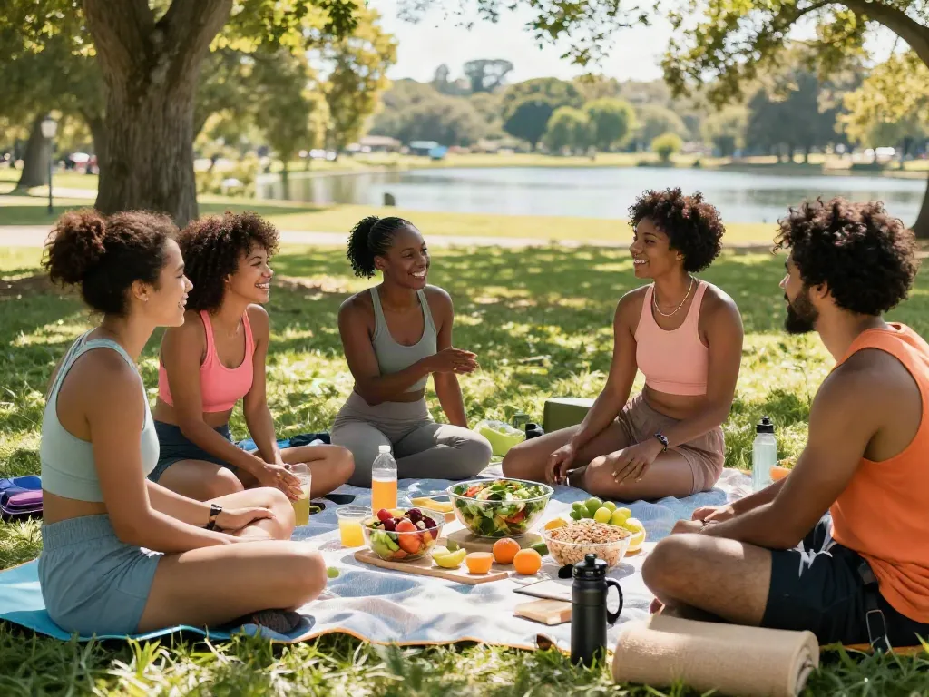 Friends enjoying healthy meals outdoors while discussing rokok88 login and wellness tips.