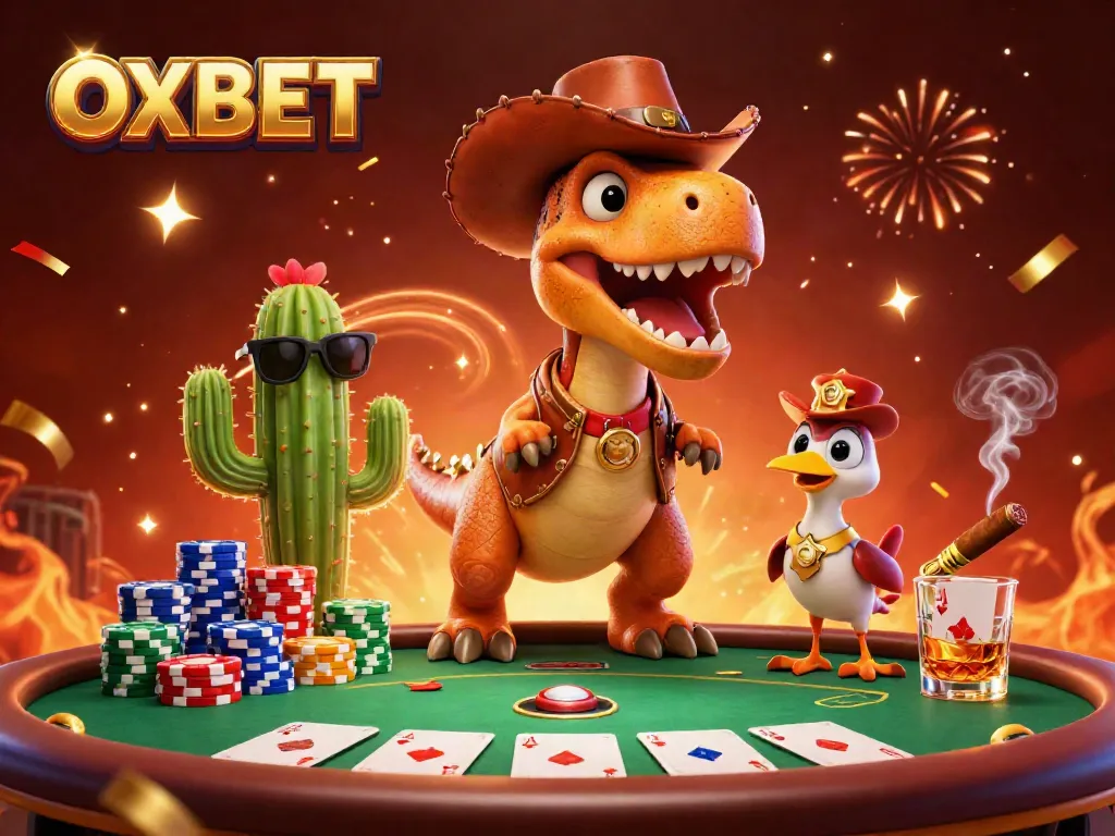 Experience OXBET excitement with T-Rex and friends in a vibrant 3D casino scene.