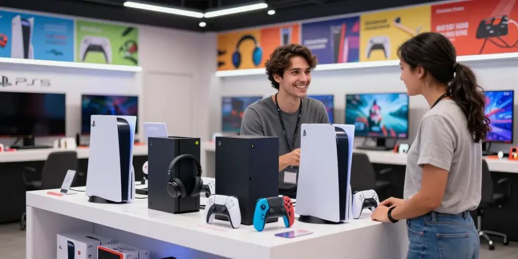 ROKOK88 login scene showcasing a vibrant gaming store featuring consoles, accessories, and engaged staff