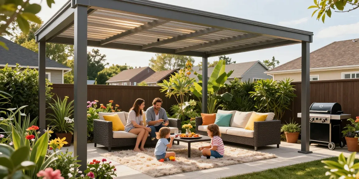 Moderne Terrassenüberdachung mit Familie, die im Garten entspannt.