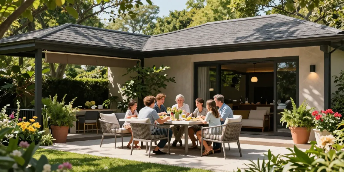 Freistehende Terrassenüberdachung in einem einladenden Garten mit Familie am Tisch.