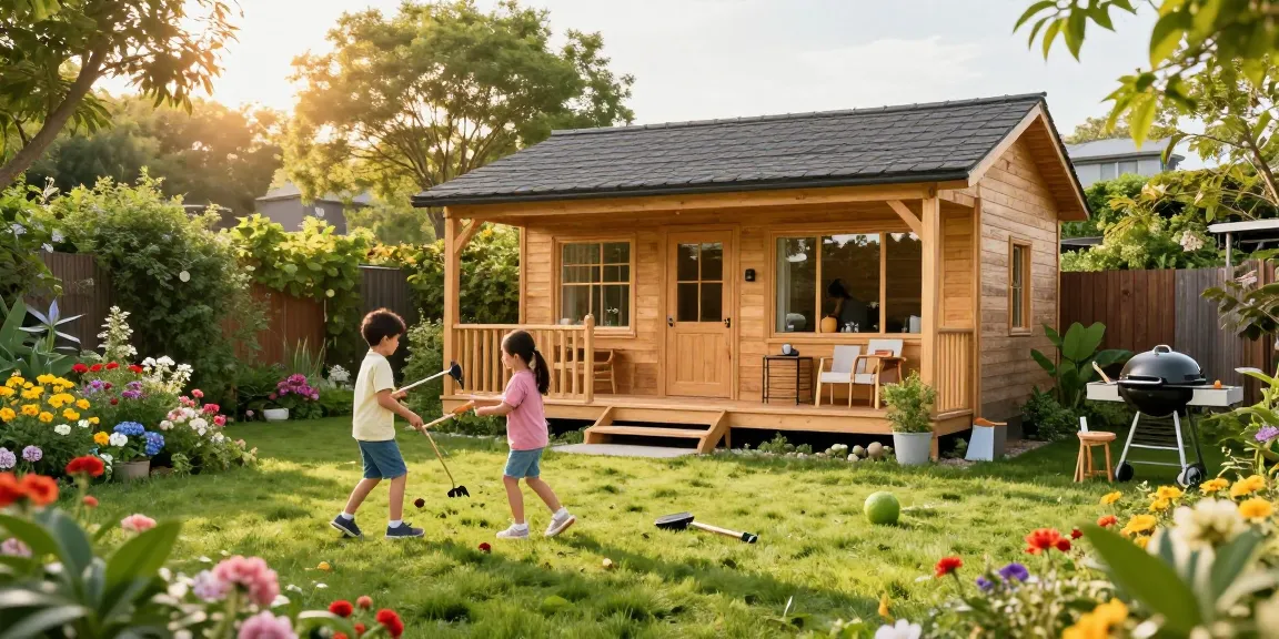 Attraktives Garten Haus im Garten mit spielenden Kindern und blühender Natur.