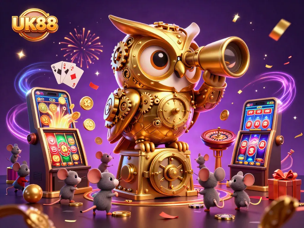 Spin and win with UK88 in this vibrant casino scene showcasing dynamic gaming elements.