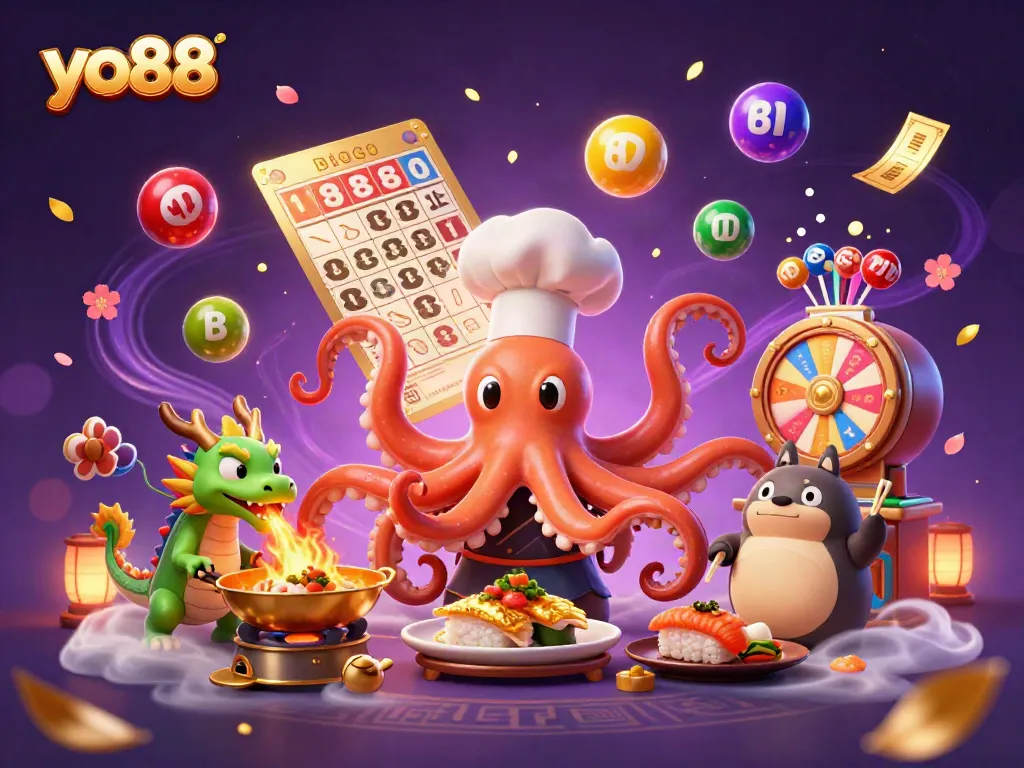 Experience exciting games at yo88 with vibrant scenes of a colorful lottery setup and dynamic characters.