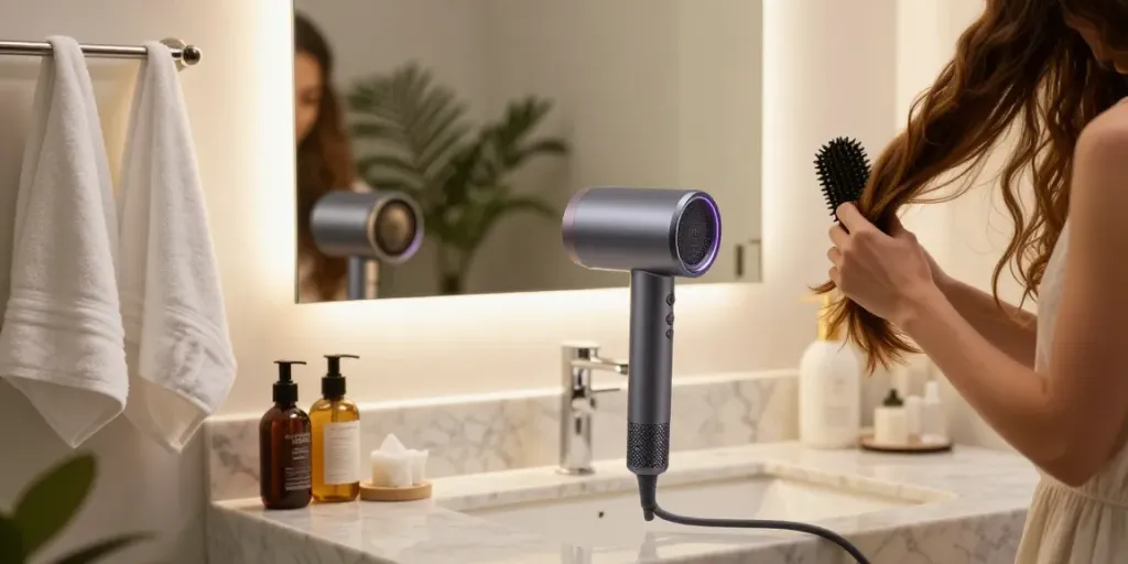 Modernes Badezimmer mit Ionen Haartrockner auf Marmor und frischer Atmosphäre.