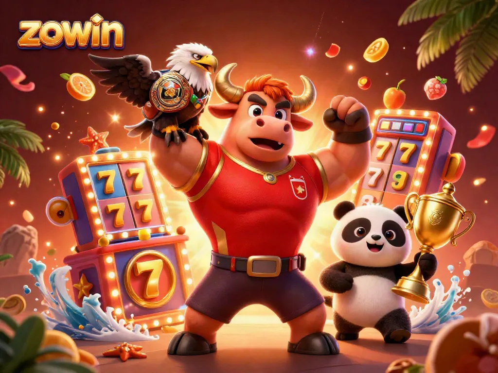Zowin showcases a vibrant 3D scene with gaming mascots winning jackpots and celebrating with slot reels.