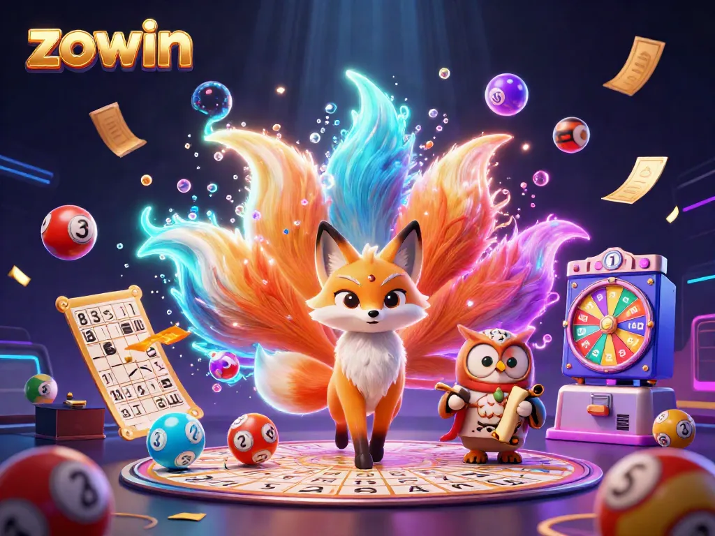 Zowin captures the magic of gaming with a glowing nine-tailed fox, wise owl, and dynamic lottery elements.