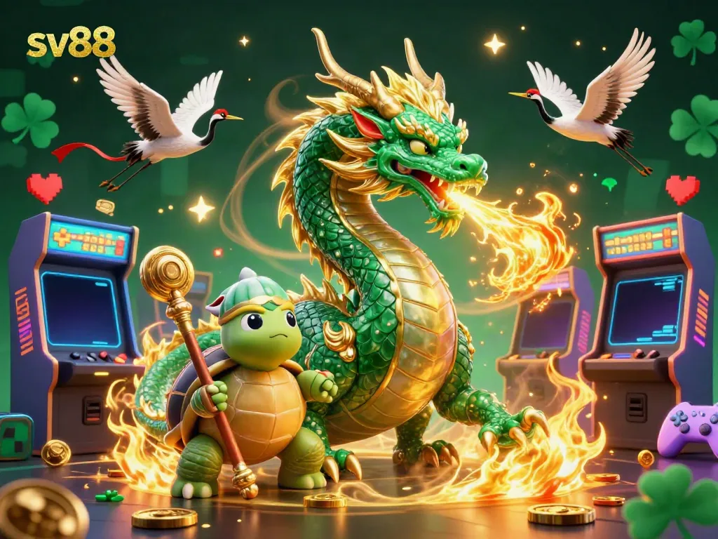 Experience thrilling gameplay with sv88 as a jade dragon and turtle sage lead the way in a vibrant casino scene.