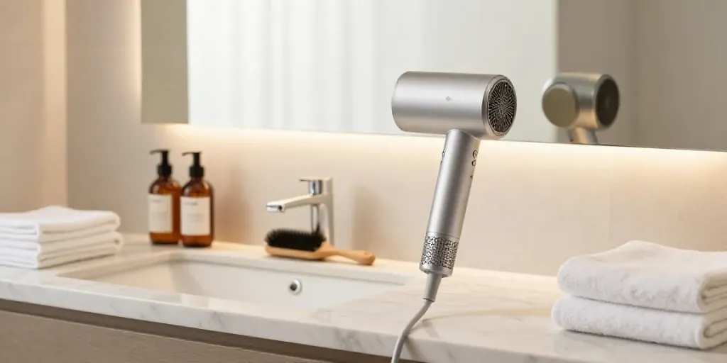 Laifen Föhn in modernem Badezimmer mit Haarpflegeprodukten und sanfter Beleuchtung.