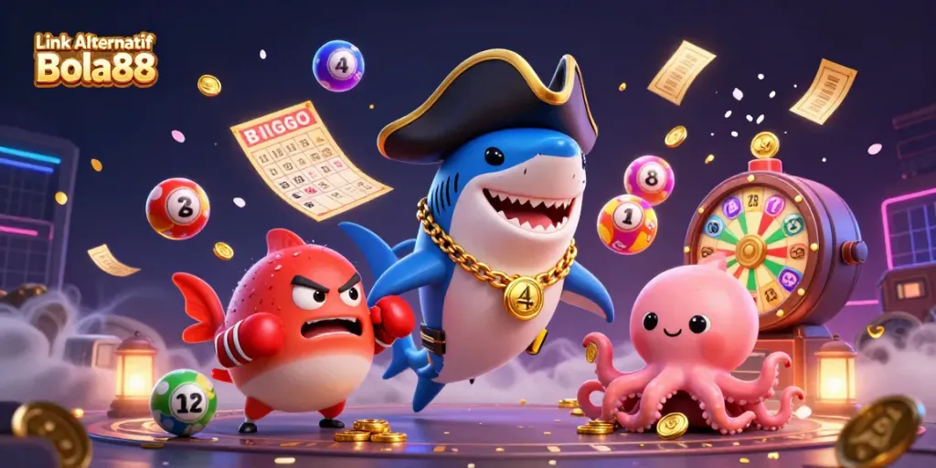 Engage with Link Alternatif Bola88 through a 3D cartoon scene featuring a shark, pufferfish, and octopus with festive gambling elements.