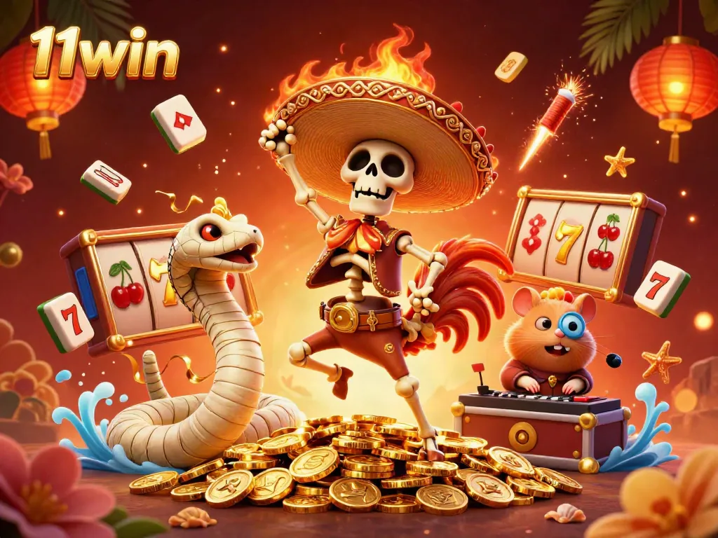 11win's vibrant casino scene features a dancing skeleton, mummy snake, and hamster DJ celebrating over golden coins.
