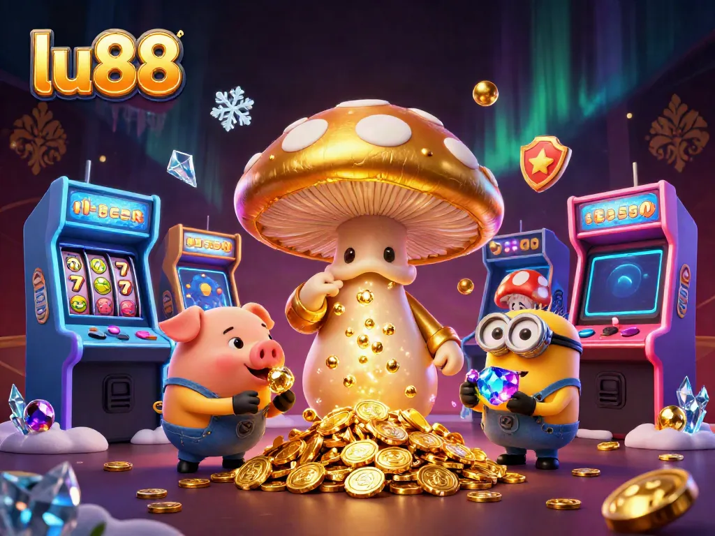 Experience lu88's exciting casino treasures with vibrant characters and games in a rich, magical scene.