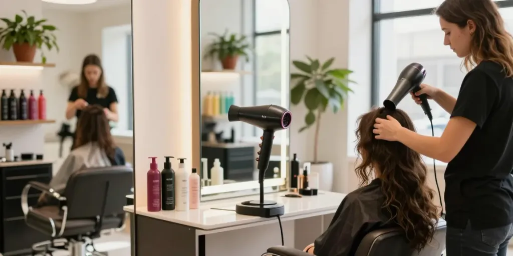 Professioneller ionischer Haartrockner im eleganten Friseursalon bei der Anwendung.