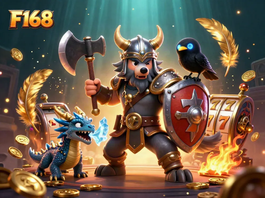 Experience the thrilling F168 adventure with a Viking wolf warrior, fierce dragon, and gold coins in an epic gambling scene.