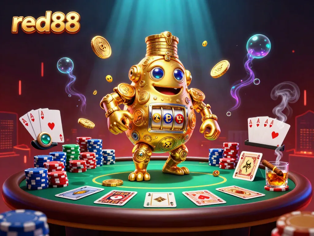 Experience thrilling gaming action at red88 with vibrant casino elements and a golden golem centerpiece.