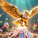 Engage with sunwin's thrilling games illustrated by a cybernetic eagle diving through holographic cards.