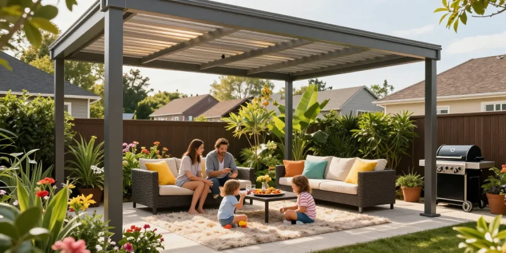 Moderne Terrassenüberdachung mit Familie, die im Garten entspannt.