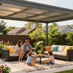 Moderne Terrassenüberdachung mit Familie, die im Garten entspannt.