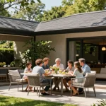 Freistehende Terrassenüberdachung in einem einladenden Garten mit Familie am Tisch.