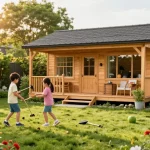 Attraktives Garten Haus im Garten mit spielenden Kindern und blühender Natur.