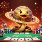 Betting on the cosmic roulette with realz and astronaut mice in a vibrant casino scene.